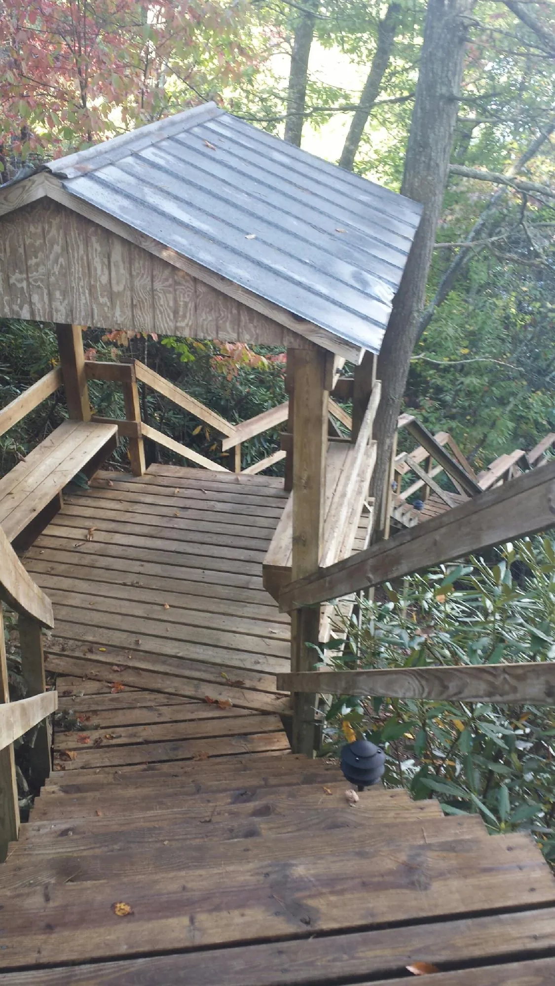 Metal roofed shelter over wooden steps on a wooded walkway — Skylight Repair & Installation work by our crew in Mackey